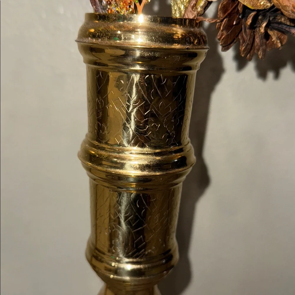 Vintage Tall ornate Etched Shiny Brass Vase 17 in w glittery gold arrangement